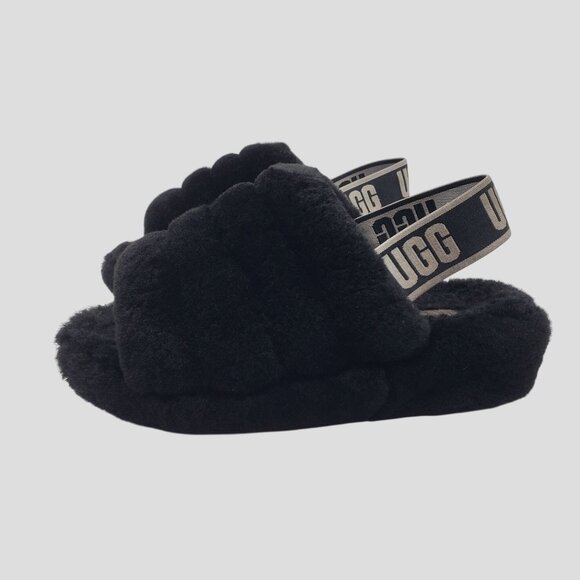 Ugg Womens Fluff Yeah Slide Sandals Black Sheepskin Size 5 - Picture 2 of 9